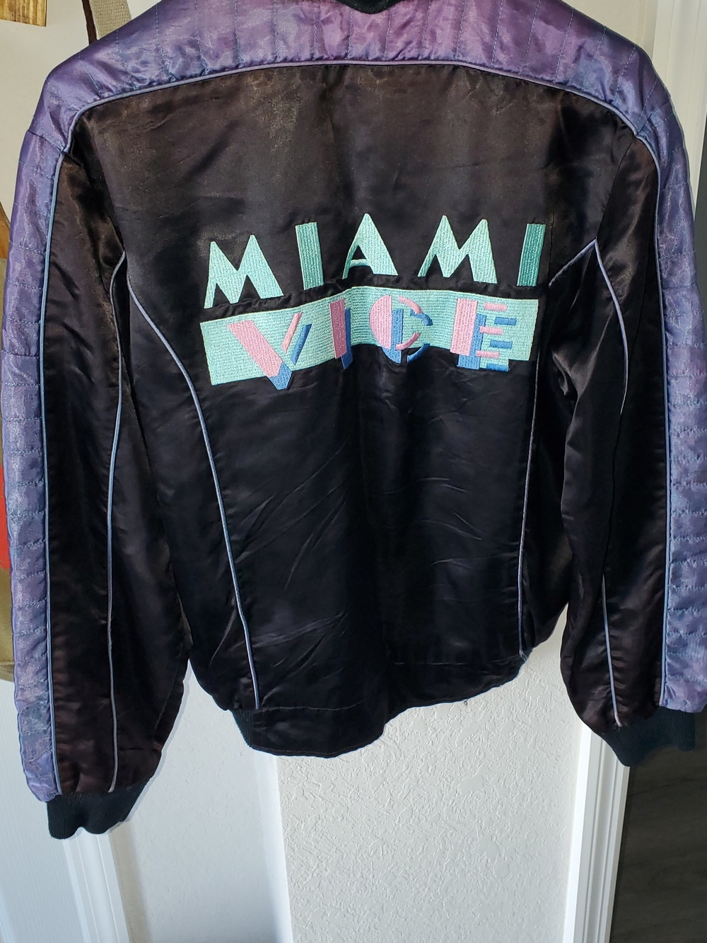Miami Vice Embroidered Satin Bomber Jacket - Black & Purple